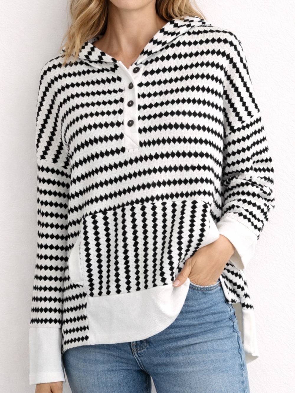 Bucket List Black White Knit Hoodie Pullover Large Boho Stripe